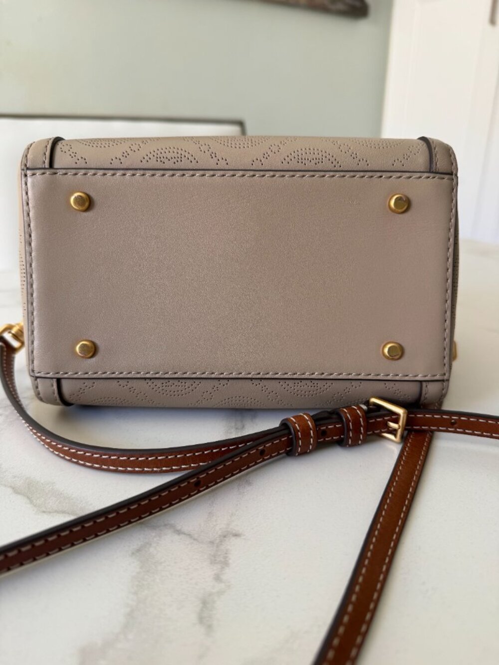 Tory Burch Perforated T-Monogram Mini Barrel Bag in Taupe / Cognac - Picture 6 of 9